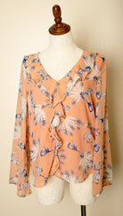 vintage salmon floral chiffon top with ruffles long sleeve feminine spring blouse size large