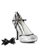 silver glitter mary janes with rhinestone bow and ankle strap for party or costume looks