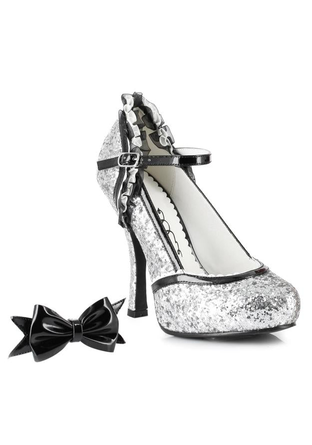silver glitter mary janes with rhinestone bow and ankle strap for party or costume looks