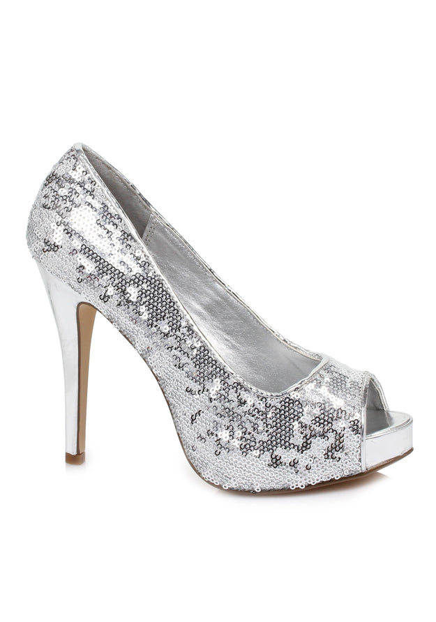 silver glitter peep toe pumps for hollywood starlet or midnight cabaret costume style