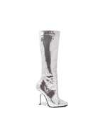 silver knee high sequin boots with 5 inch stiletto heel for disco stage or costume looks