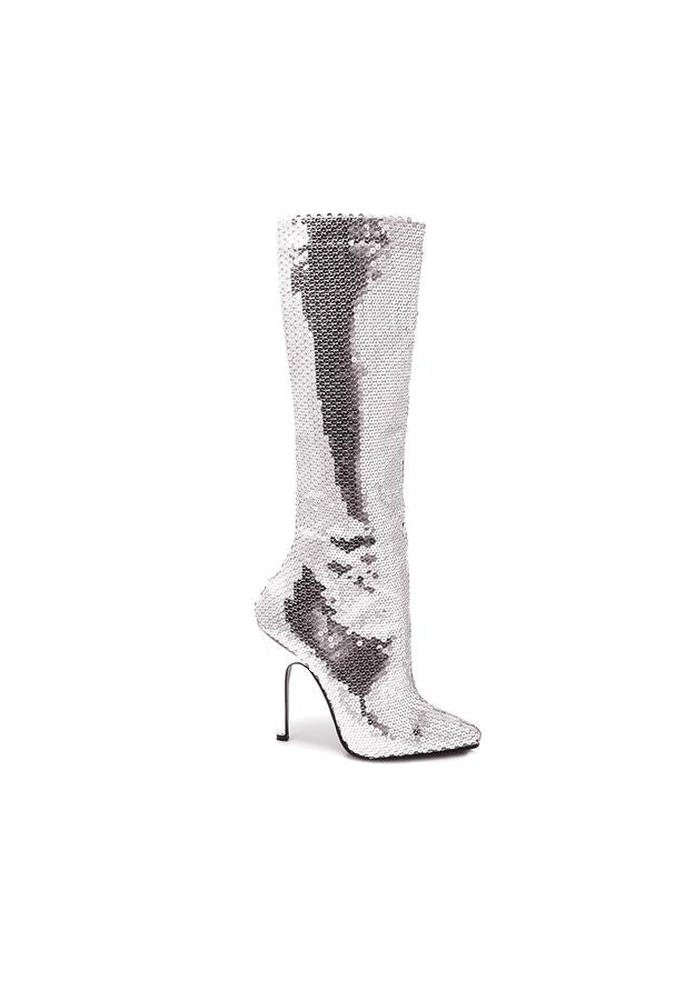 silver knee high sequin boots with 5 inch stiletto heel for disco stage or costume looks