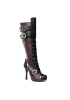 brown and black steampunk lace-up boots with gear buckles and 4 inch heel for cosplay or stage wear