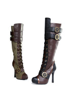 steampunk knee high boots with laces brown and green tones and bronze gear buckles