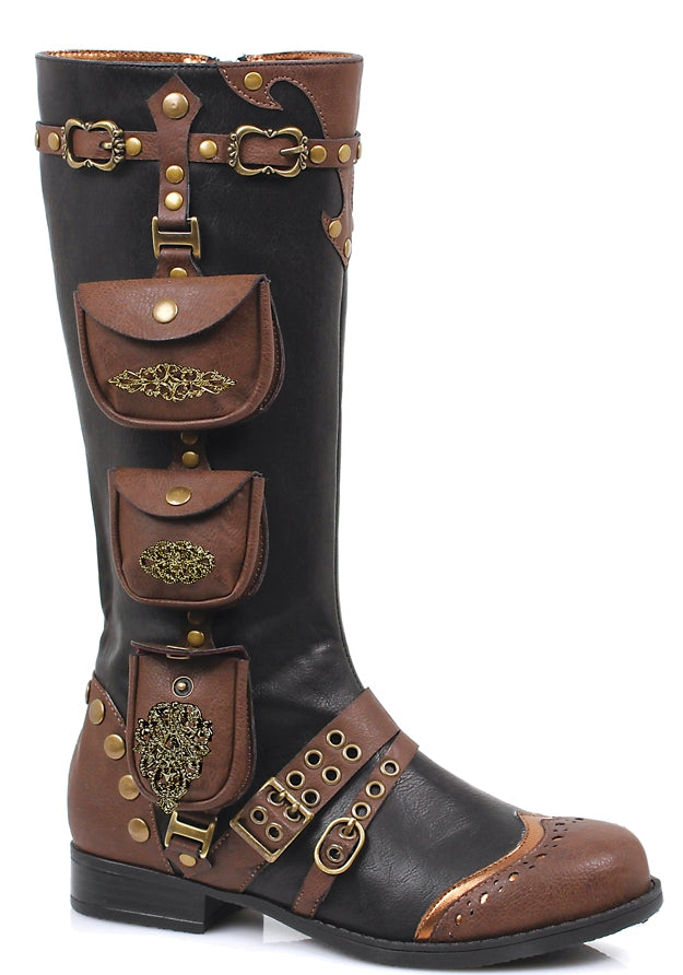 brown and black steampunk boots with brass buckles and pockets for mad max or halloween look