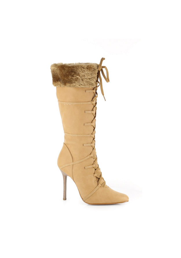 Viking tan knee high boots with faux fur trim and lace up front design