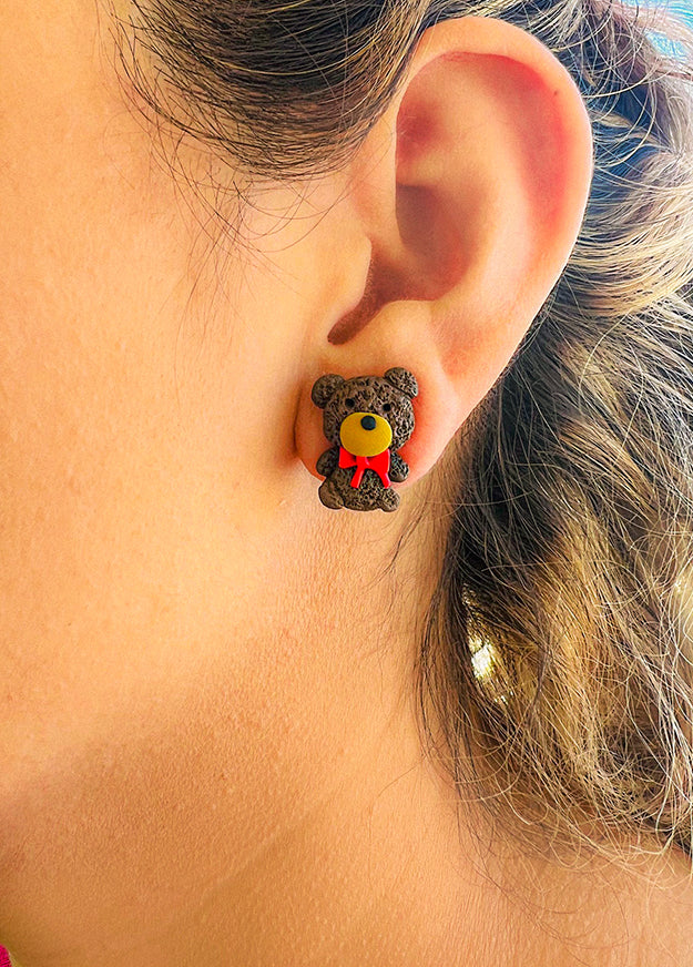 cute brown teddy bear stud earrings with red bowtie handmade resin accessory for everyday wear