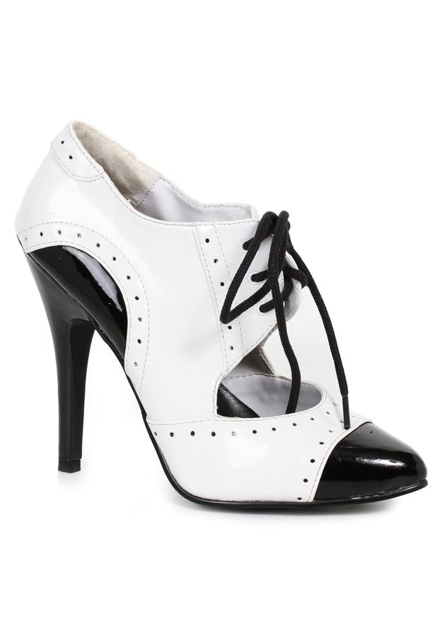 two tone black and white oxford heels with lace up front and closed toe for ballroom or burlesque wear
