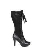 black victorian lace up high heel boots with ribbon ties and pointed toe silhouette