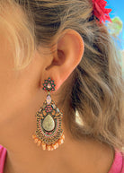 victorian style chandelier earrings with pink crystals antique gold detailing elegant heirloom jewelry