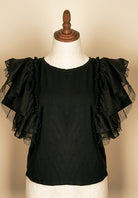 vintage avant garde black top with ruffle shoulders stretchy dramatic fashion piece women’s medium