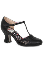 black vintage t strap heels with 2.5 inch heel and floral interior for ballroom or retro outfit