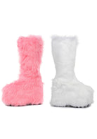 white faux fur platform boots with chunky heel for y2k rave or cosplay looks