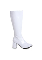 white patent go go boots with zipper and block heel for cheerleader or barbie costume