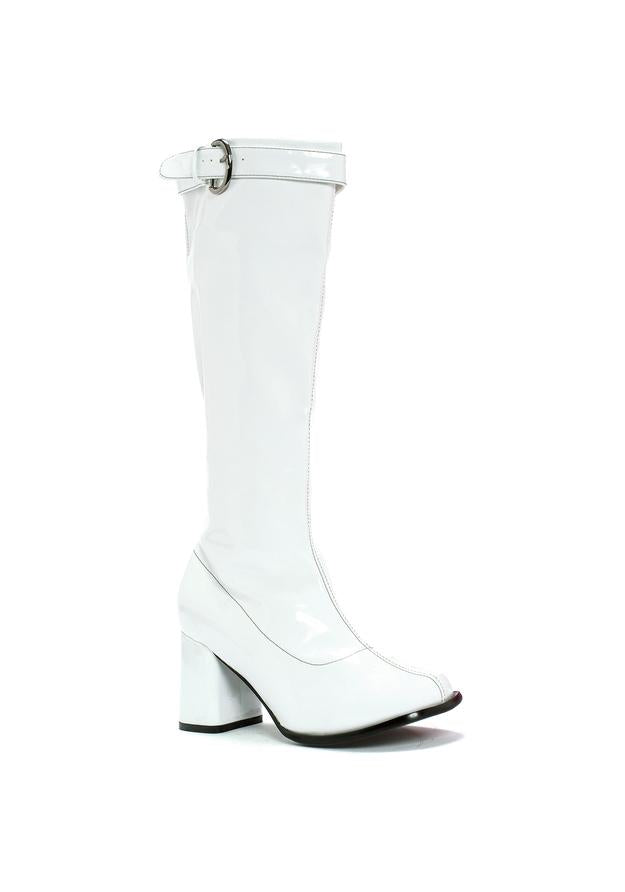 white knee high patent boots with zipper and 3 inch heel for retro or halloween outfits