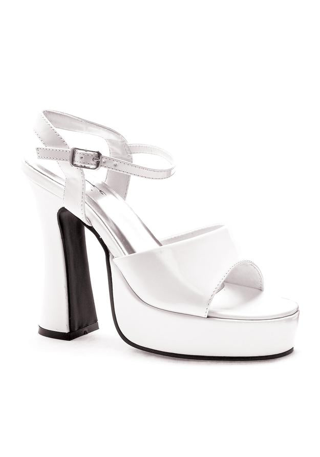 white chunky platform sandals with wide heel and ankle strap for disco or halloween outfits
