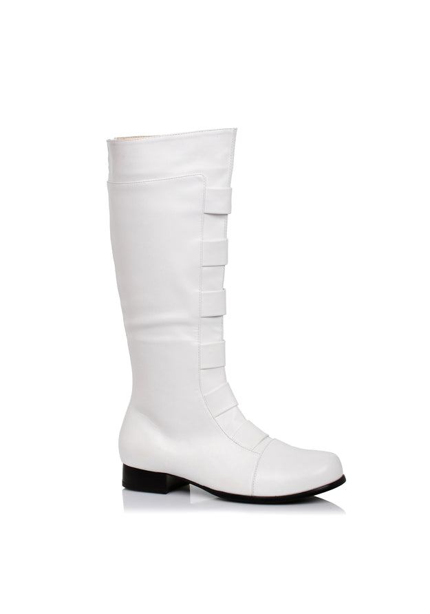White strapped knee-high cosplay boots men’s retro superhero style for costume or stage events
