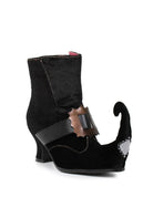 black velvet witch boots with curled toe and bronze buckle for halloween costume